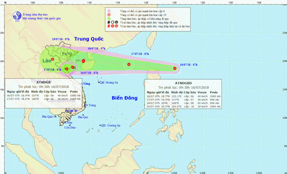 Tin áp thấp nhiệt đới gần bờ và áp thấp nhiệt đới gần Biển Đông (09h30 ngày 16/7)