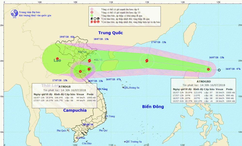 Tin áp thấp nhiệt đới gần bờ và áp thấp nhiệt đới gần Biển Đông (14h30 ngày 16/7)