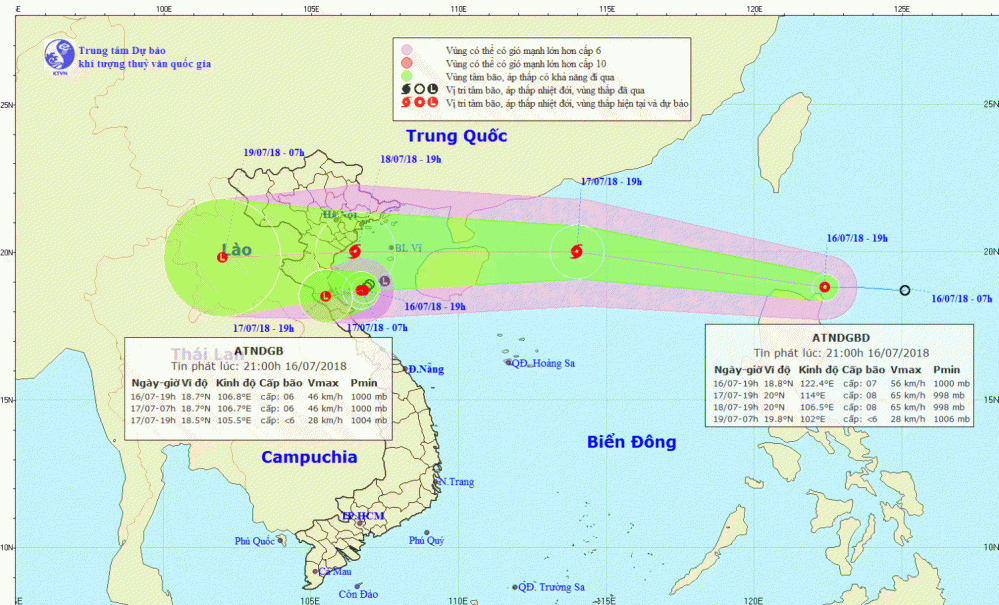 Tin áp thấp nhiệt đới gần bờ và áp thấp nhiệt đới gần Biển Đông (21h00 ngày 16/7)