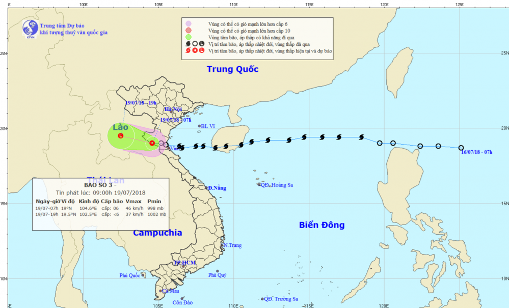 Tin áp thấp nhiệt đới trên đất liền - cơn bão số 3 (09h00 ngày 19/7)