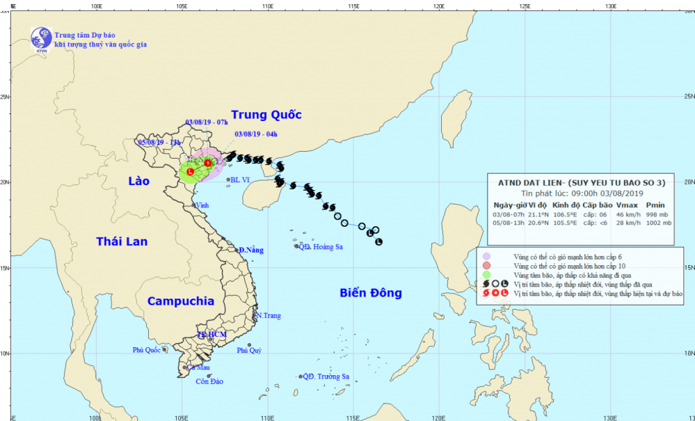 Tin áp thấp nhiệt đới trên đất liền - suy yếu từ cơn bão số 3 (09h00 ngày 03/8)