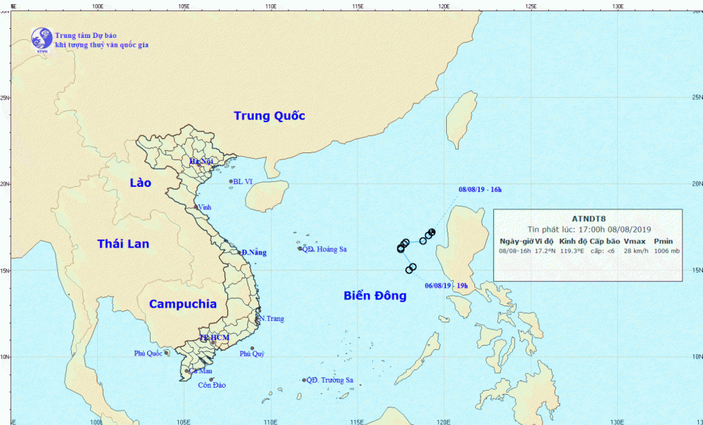 Tin về áp thấp nhiệt đới trên Biển Đông (17h00 ngày 08/8)