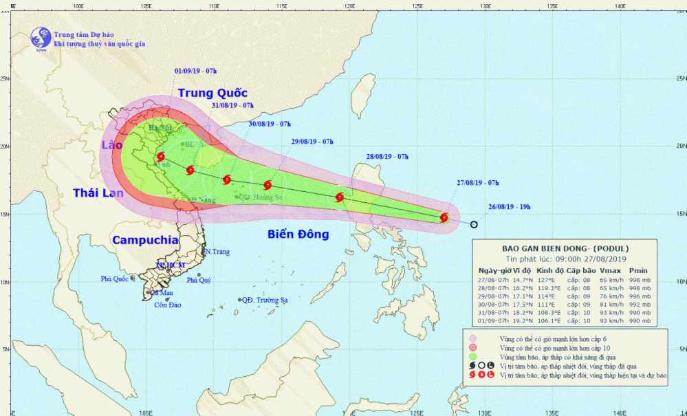 Tin bão gần Biển Đông - bão PODUL (09h00 ngày 27/8)
