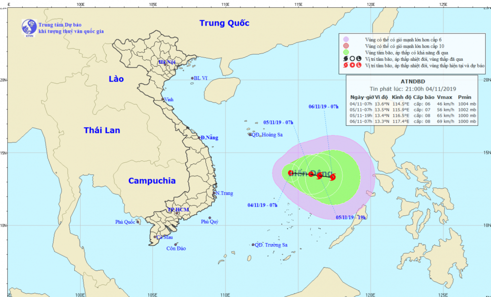 Tin áp thấp nhiệt đới trên Biển Đông (21h00 ngày 04/11)