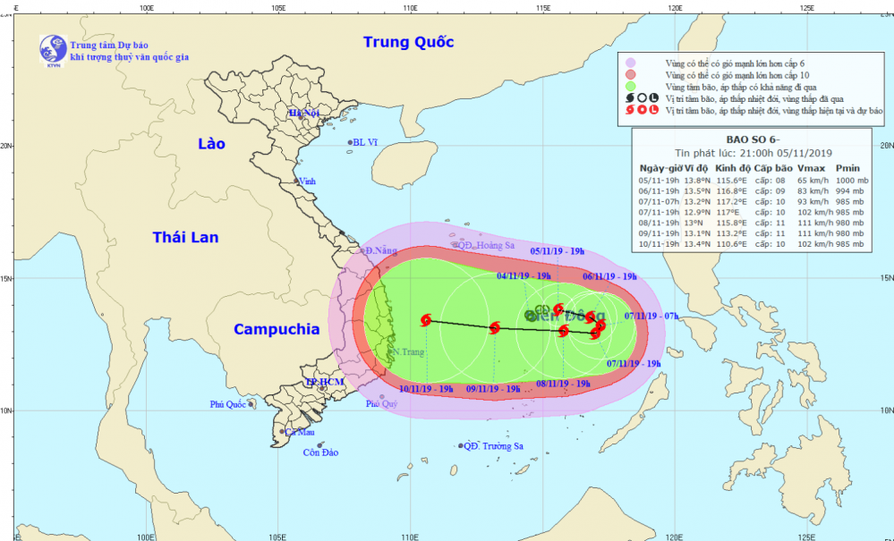 Tin bão trên Biển Đông - cơn bão số 06 (21h00 ngày 05/11)