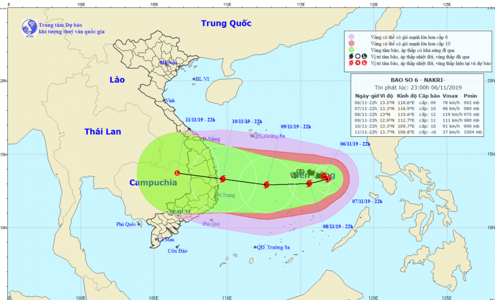 Tin bão trên Biển Đông - cơn bão số 06 (23h00 ngày 07/11)