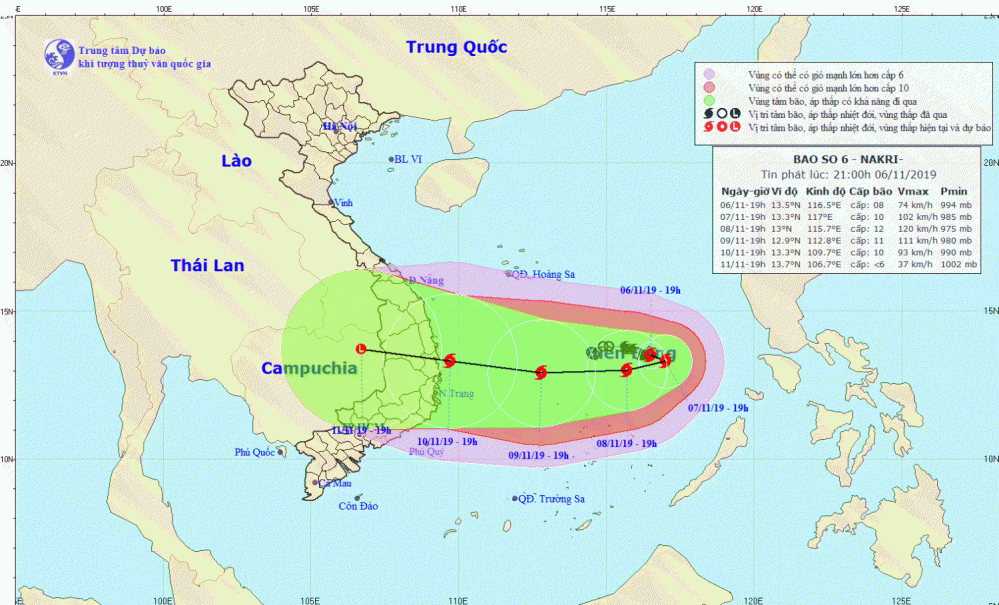 Tin bão trên Biển Đông - cơn bão số 06 (21h00 ngày 06/11)