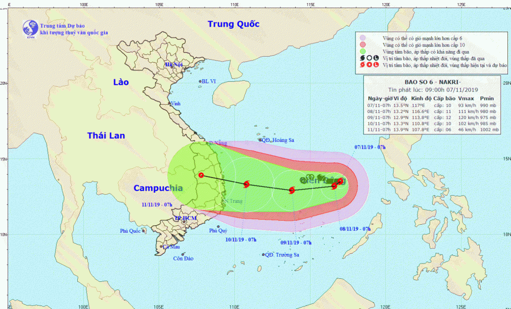 Tin bão trên Biển Đông - cơn bão số 06 (09h00 ngày 07/11)