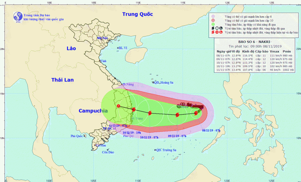 Tin bão trên Biển Đông - cơn bão số 06 (09h00 ngày 08/11)