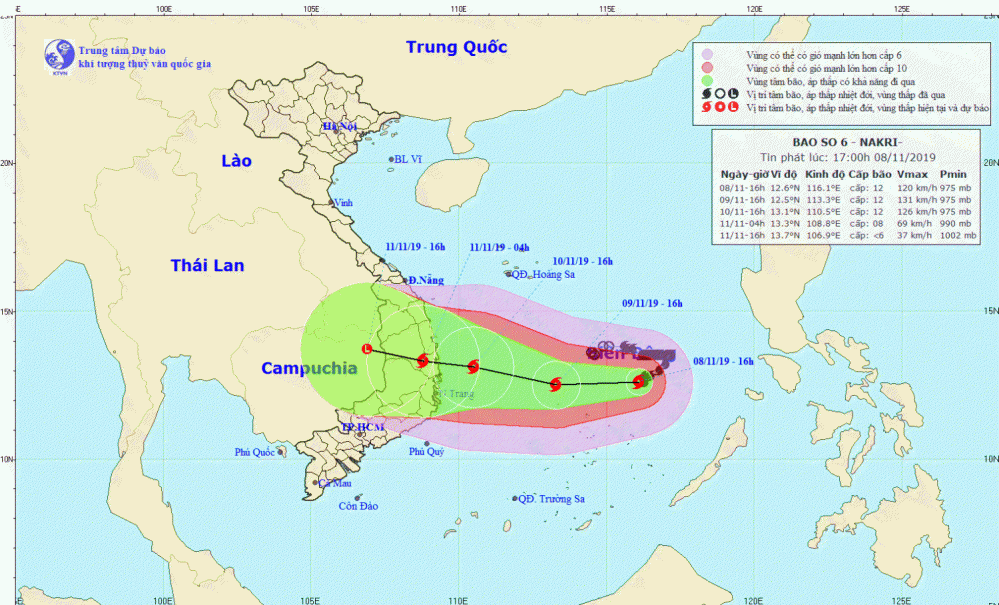 Tin bão trên Biển Đông - cơn bão số 06 (17h00 ngày 08/11)