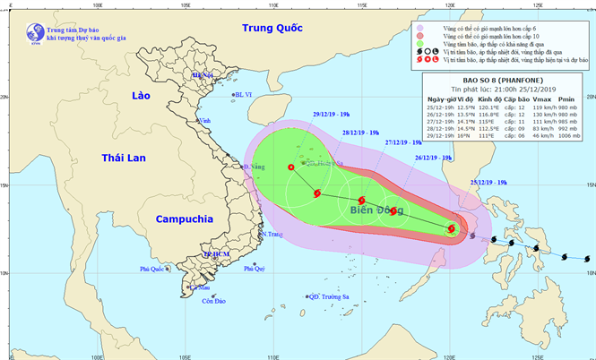 Tin bão trên Biển Đông - cơn bão số 08 năm 2019 (21h00 ngày 25/12)