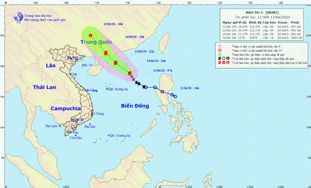 Tin bão trên Biển Đông - cơn bão số 01 (11h00 ngày 13/6)