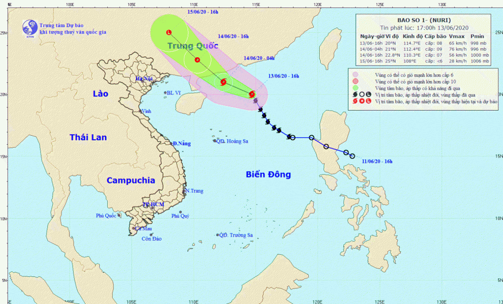 Tin bão trên Biển Đông - cơn bão số 01 (17h00 ngày 13/6)