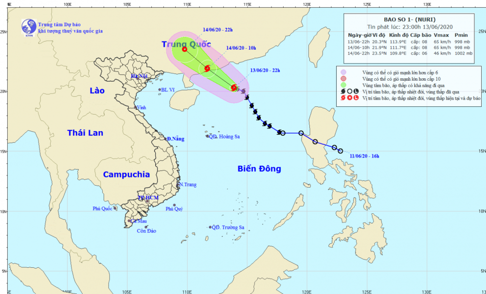 Tin bão trên Biển Đông - cơn bão số 01 (23h00 ngày 13/6)