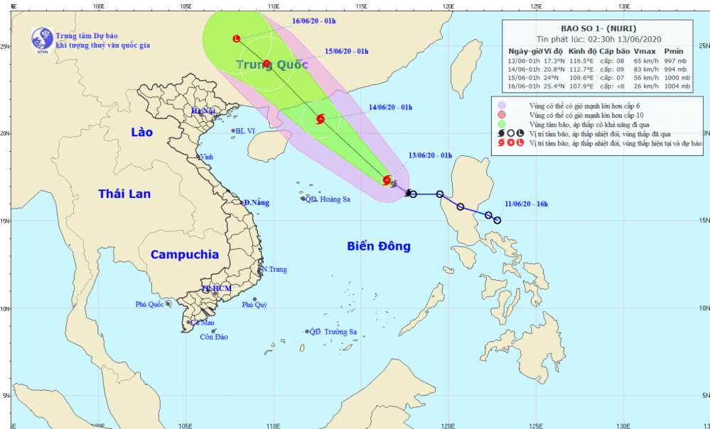 Tin bão trên Biển Đông - cơn bão số 01 (02h30 ngày 14/6)