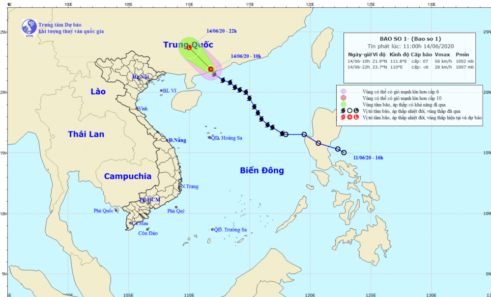 Tin áp thấp nhiệt đới trên Biển Đông -suy yếu từ bão số 01 (11h00 ngày 14/6)