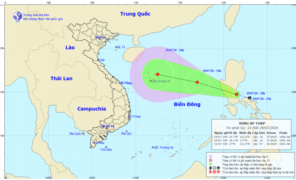 Tin vùng áp thấp gần Biển Đông (21h00 ngày 29/7)