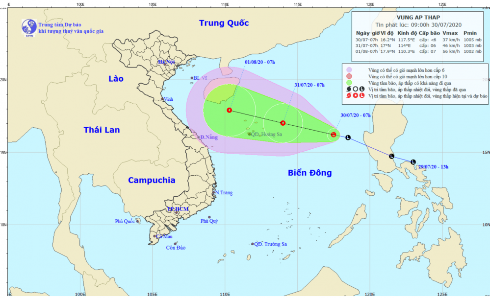Tin vùng áp thấp trên Biển Đông (09h00 ngày 30/7)