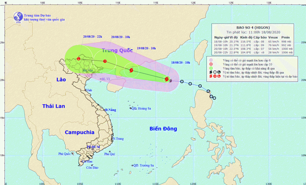 Tin bão trên Biển Đông - cơn bão số 4 năm 2020 (11h00 ngày 18/8)