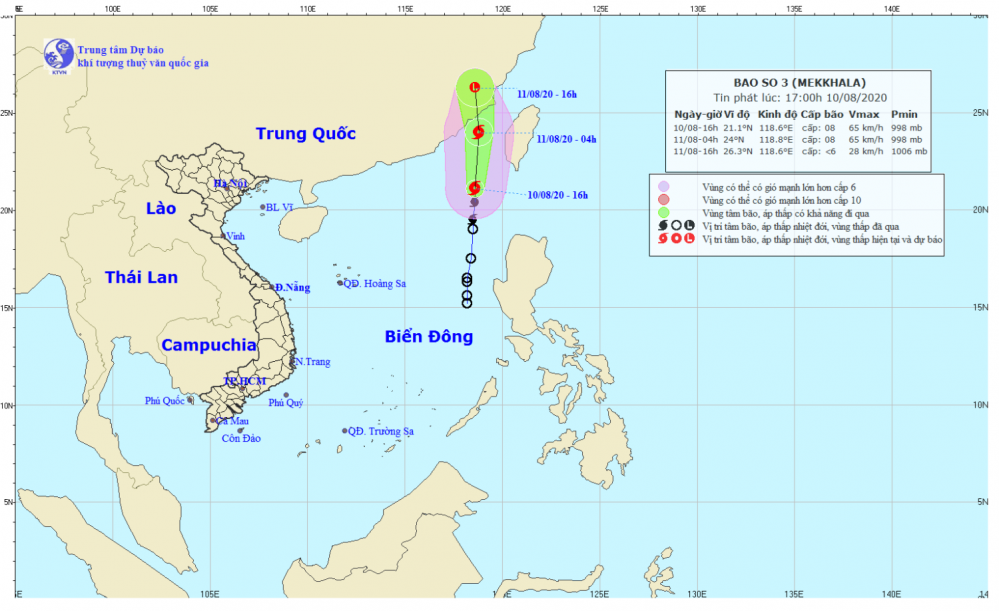 Tin bão trên Biển Đông - cơn bão số 03 năm 2020 (17h00 ngày 10/8)