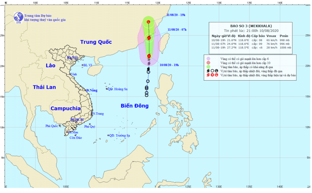Tin bão trên Biển Đông - cơn bão số 03 năm 2020 (21h00 ngày 10/8)