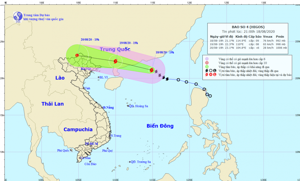 Tin bão trên Biển Đông - cơn bão số 04 năm 2020 (21h00 ngày 18/8)