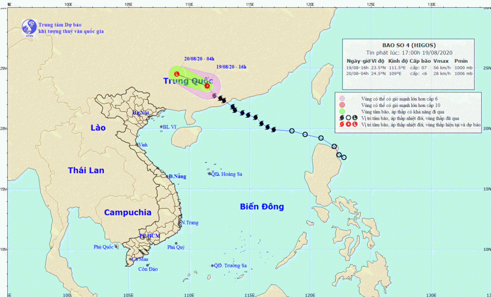 Tin về cơn bão số 04 năm 2020 - bão HIGOS (17h00 ngày 19/8)