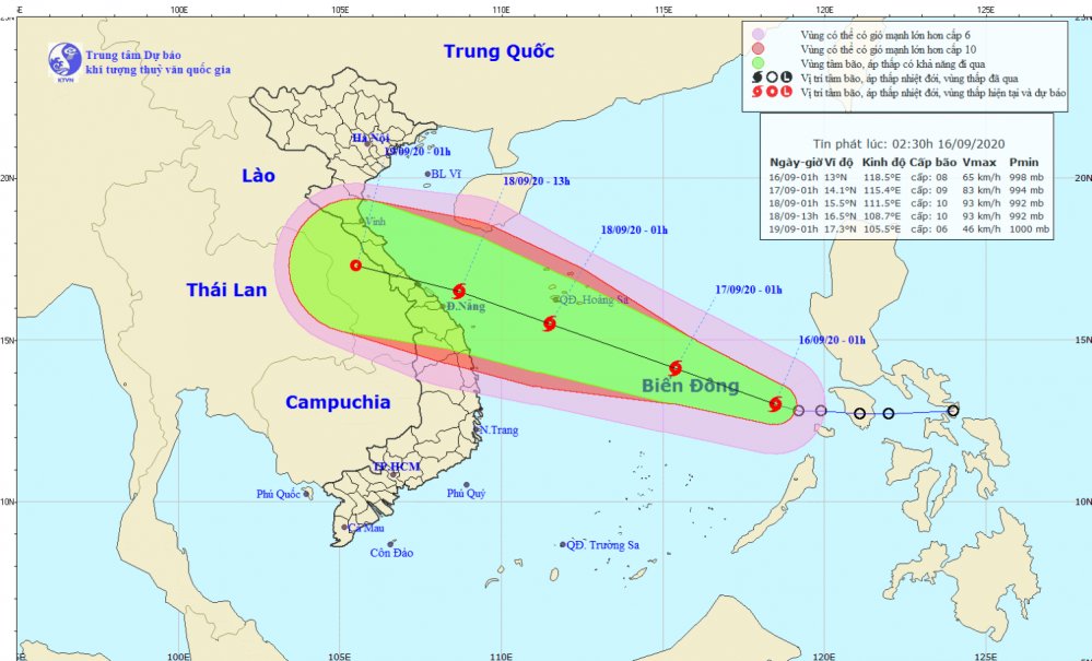 Tin bão trên Biển Đông - cơn bão số 05 năm 2020 (02h30 ngày 16/9)