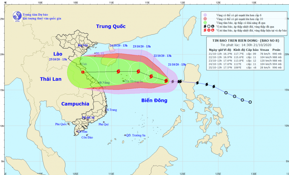 Tin bão trên Biển Đông - cơn bão số 08 (14h30 ngày 21/10)