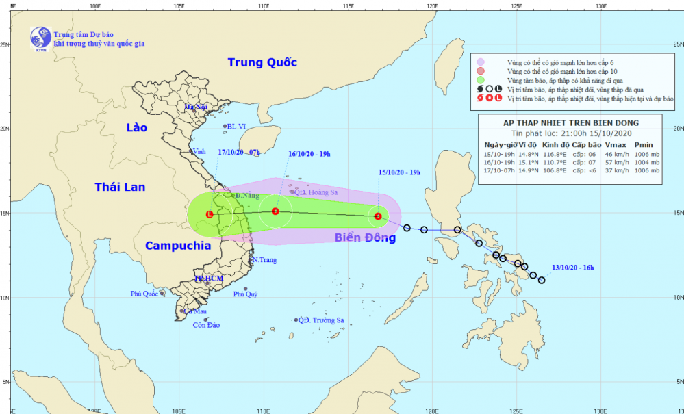 Tin áp thấp nhiệt đới trên Biển Đông (21h00 ngày 15/10)