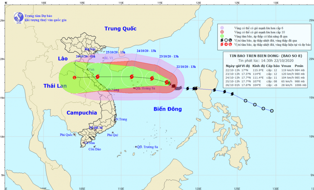 Tin bão trên Biển Đông - cơn bão số 08 (14h30 ngày 22/10)