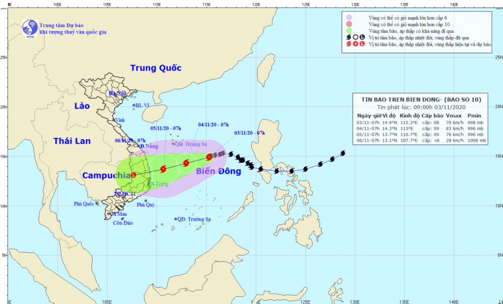 Tin bão trên Biển Đông - cơn bão số 10 (09h00 ngày 03/11)
