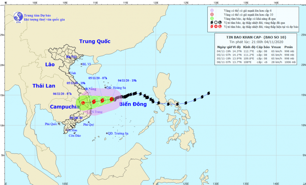 Tin bão khẩn cấp - cơn bão số 10 (21h00 ngày 04/11)