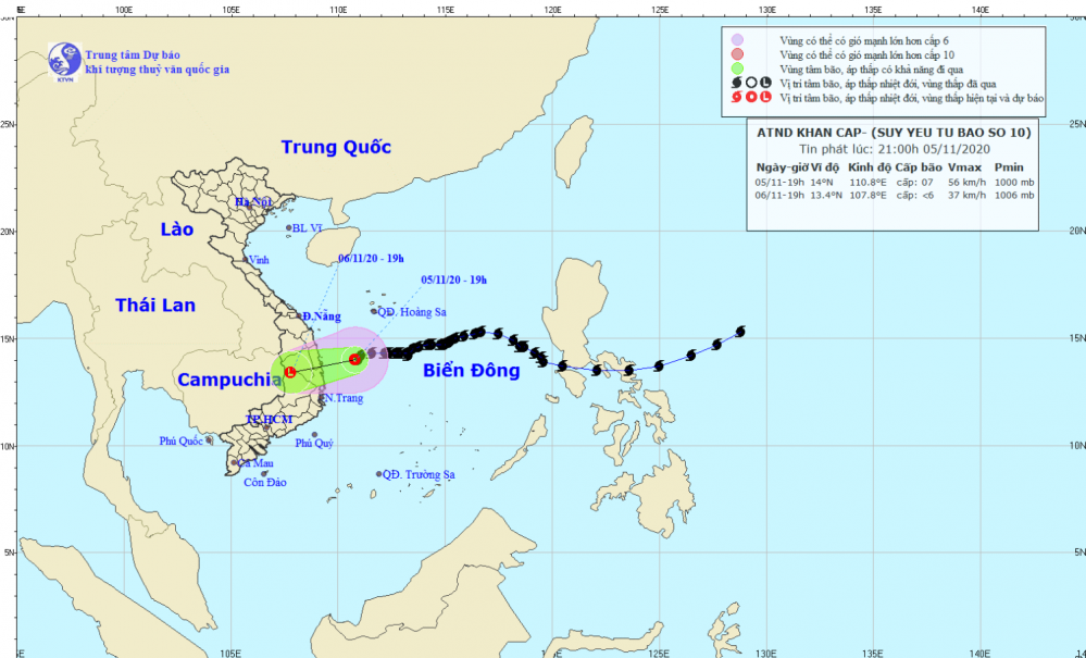 Tin áp thấp nhiệt đới khẩn cấp - suy yếu từ cơn bão số 10 (21h00 ngày 05/11)