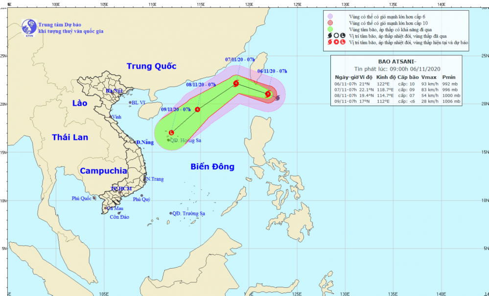 Tin bão gần Biển Đông - bão ATSANI (09h00 ngày 06/11)