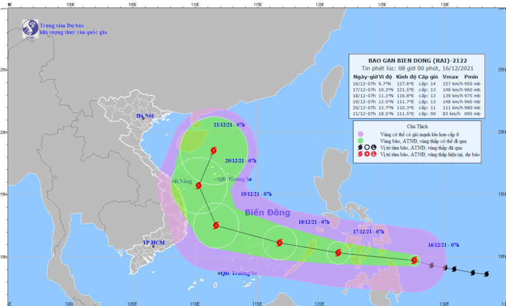 Tin bão gần Biển Đông - cơn bão RAI (08h00 ngày 16/12)