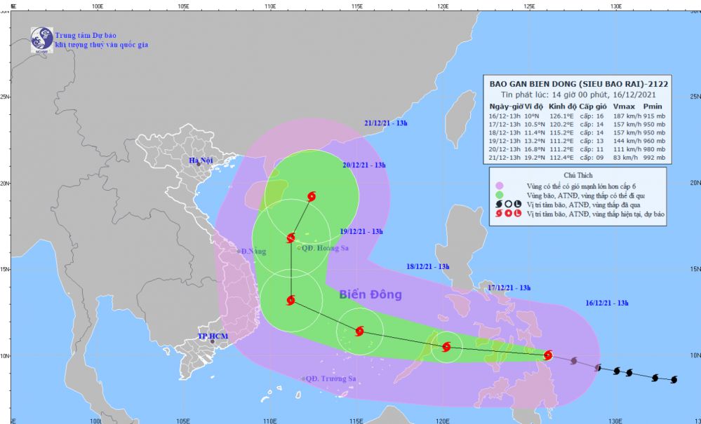 Tin siêu bão gần Biển Đông - cơn bão RAI (14h00 ngày 16/12)