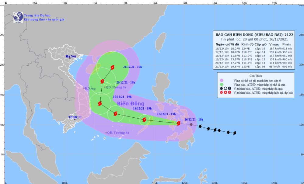 Tin siêu bão gần Biển Đông - cơn bão RAI (20h00 ngày 16/12)