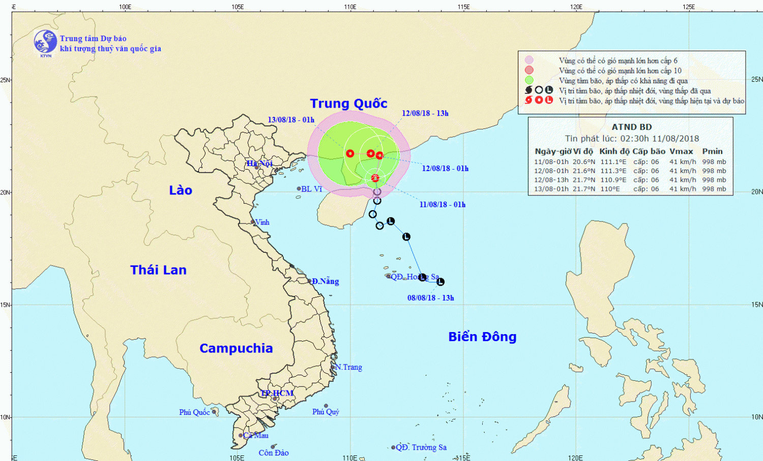 Tin áp thấp nhiệt đới trên Biển Đông (02h30 ngày 11/8)