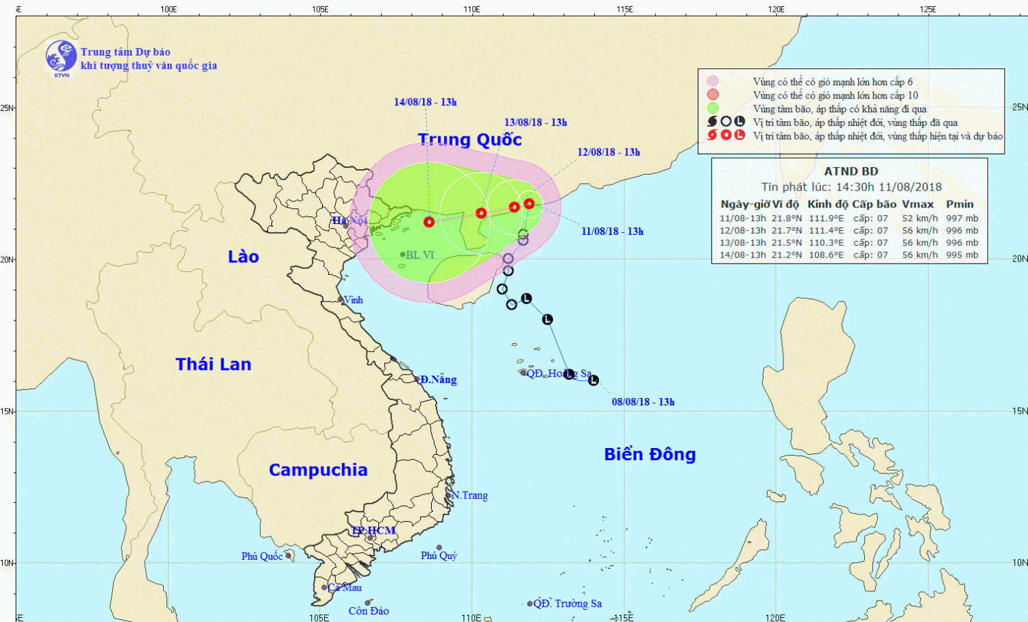 Tin áp thấp nhiệt đới trên Biển Đông (14h30 ngày 11/8)
