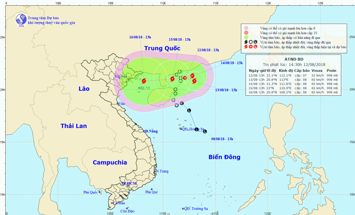 Tin áp thấp nhiệt đới trên Biển Đông (14h30 ngày 12/8)