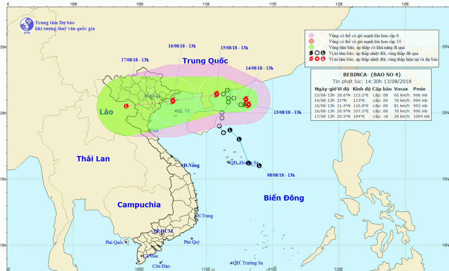 Tin bão trên Biển Đông - cơn bão số 04 (14h30 ngày 13/8)