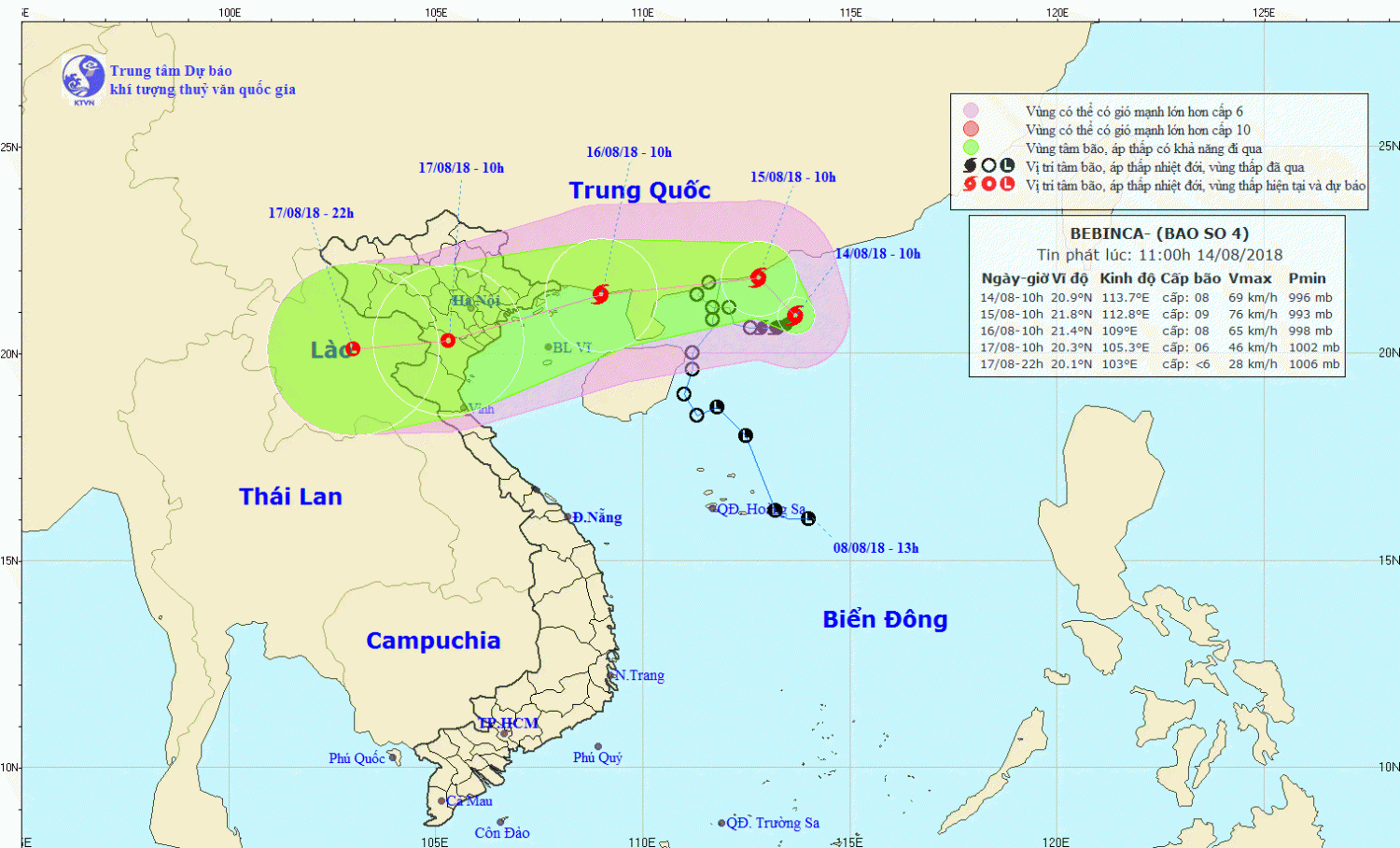 Tin bão trên Biển Đông - cơn bão số 04 (11h00 ngày 14/8)