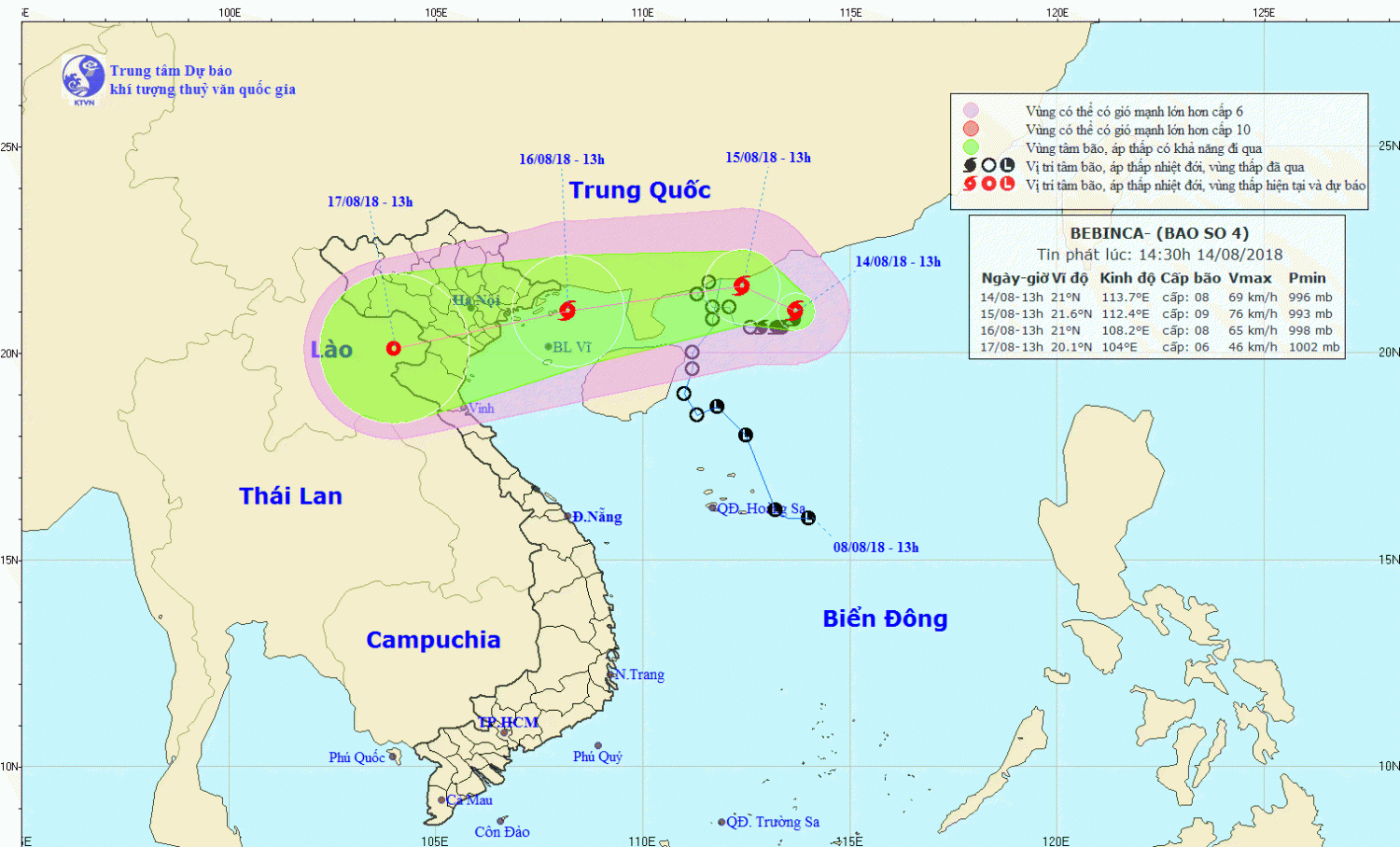 Tin bão trên Biển Đông - cơn bão số 04 (14h30 ngày 14/8)