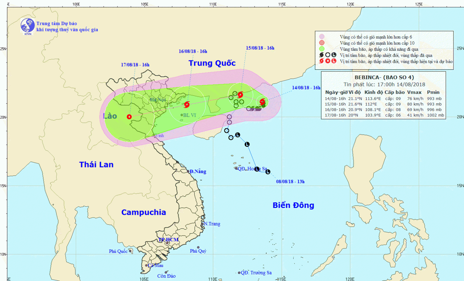 Tin bão trên Biển Đông - cơn bão số 04 (17h00 ngày 14/8)
