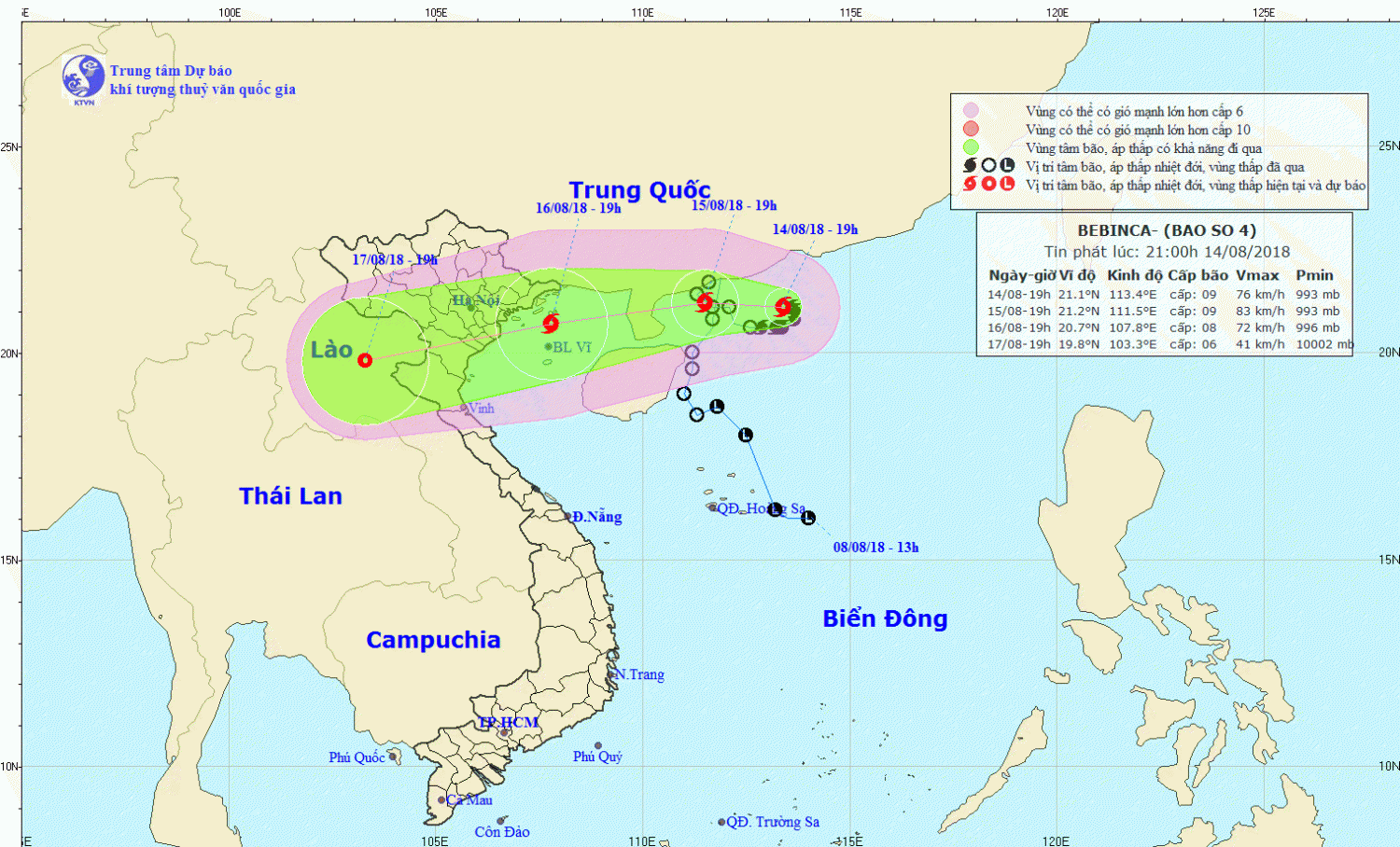 Tin bão trên Biển Đông - cơn bão số 04 (21h00 ngày 14/8)