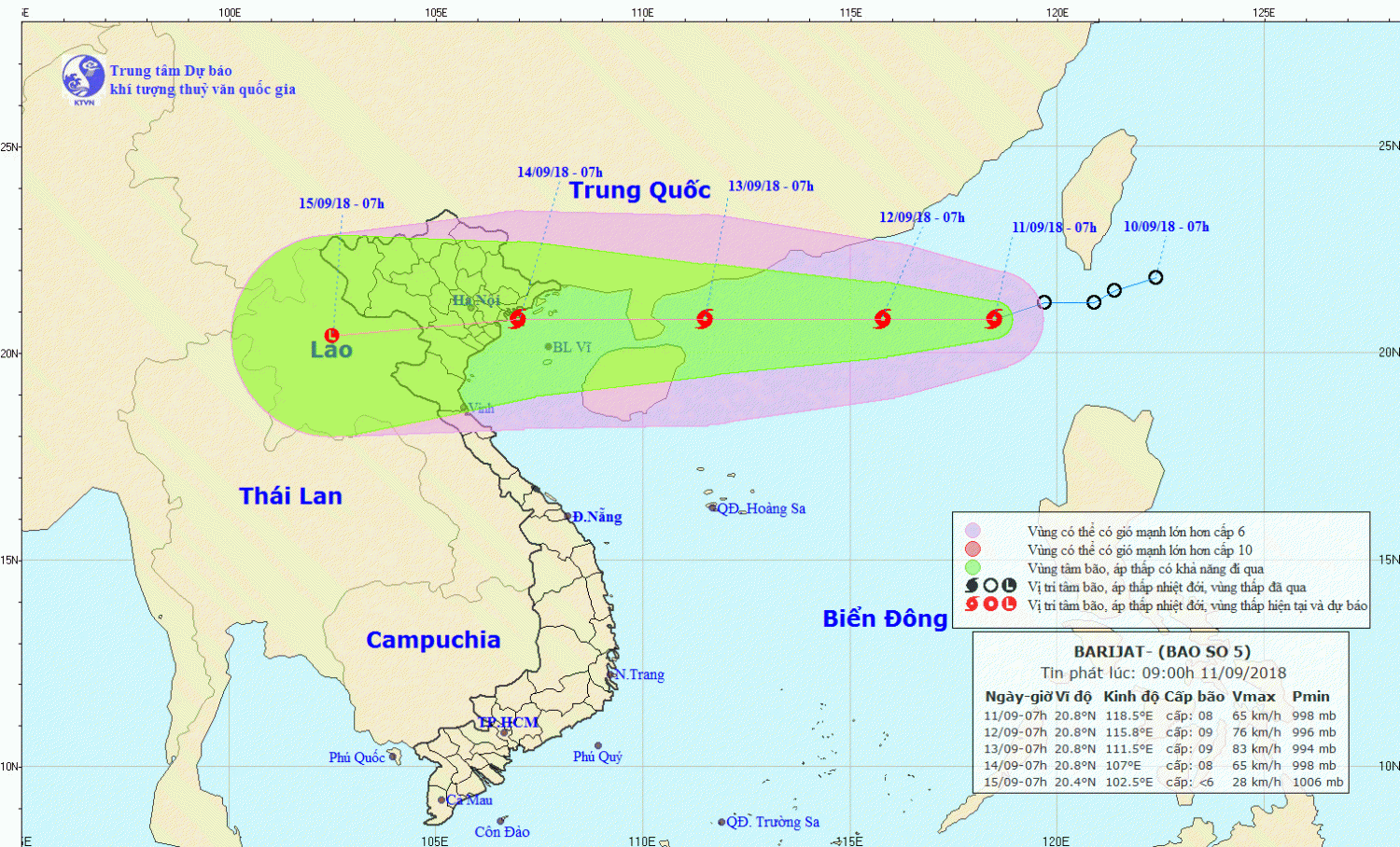 Tin bão trên Biển Đông - cơn bão số 5 (09h00 ngày 11/9)