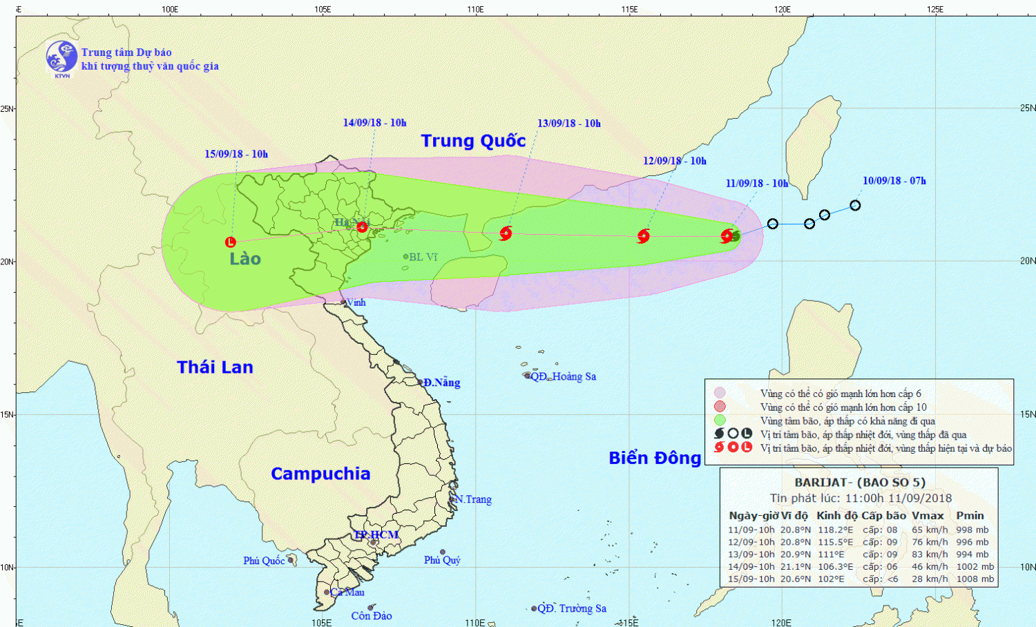 Tin bão trên Biển Đông - cơn bão số 5 (11h00 ngày 11/9)