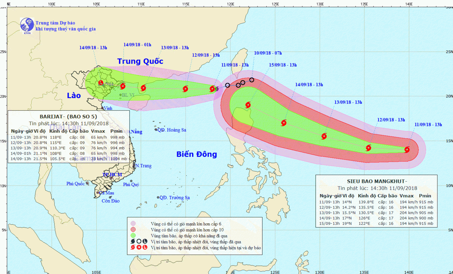 Tin bão trên Biển Đông - cơn bão số 5 (14h30 ngày 11/9)