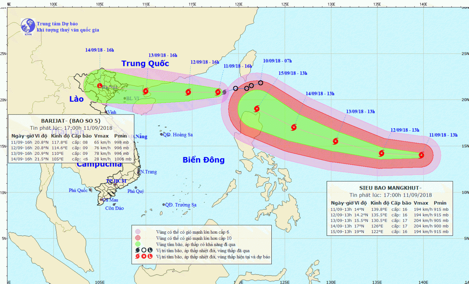 Tin bão trên Biển Đông - cơn bão số 5 (17h00 ngày 11/9)